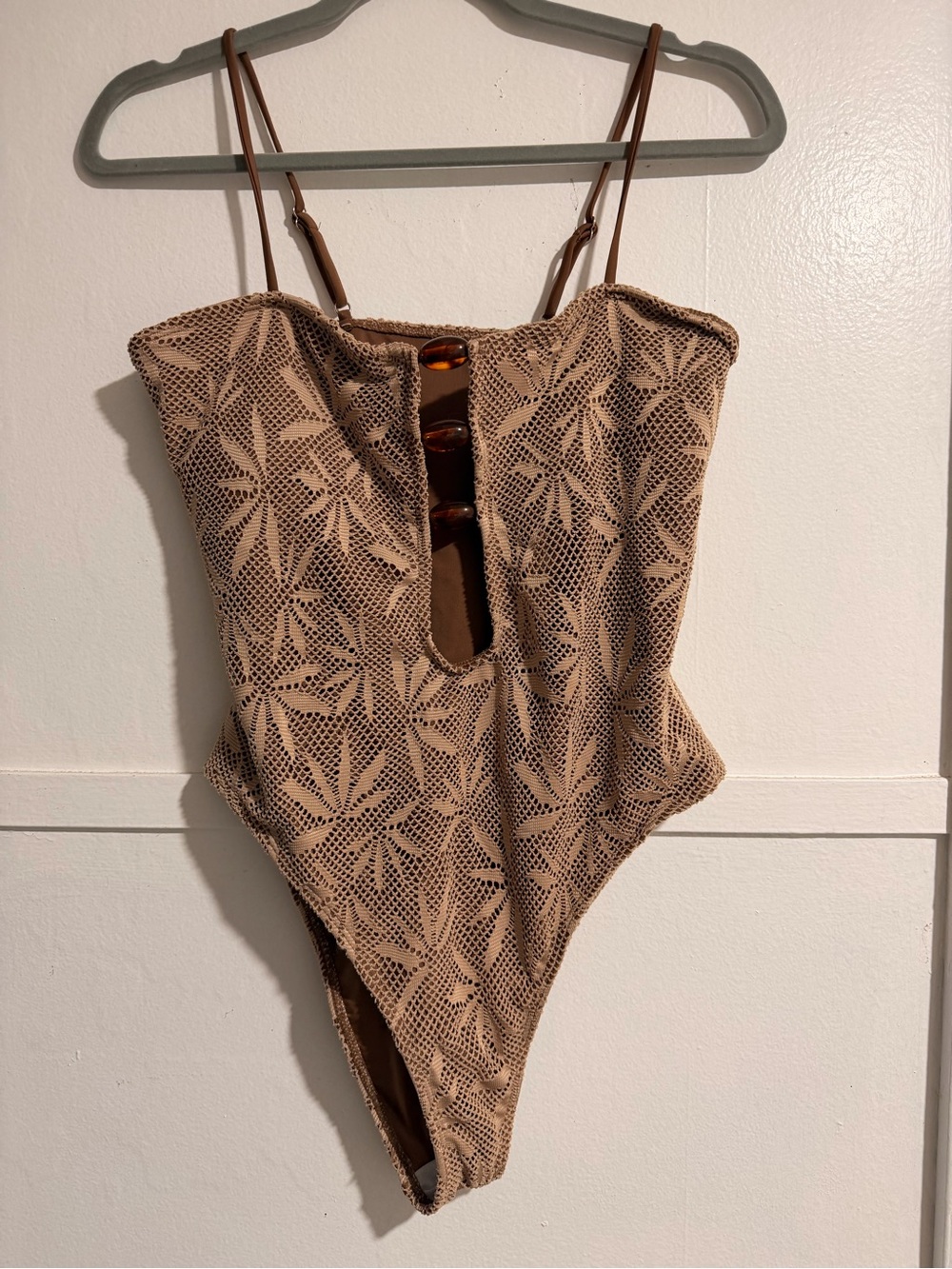 Women’s Brown Textured One-Piece Swimsuit with tortoise shell style Buttons